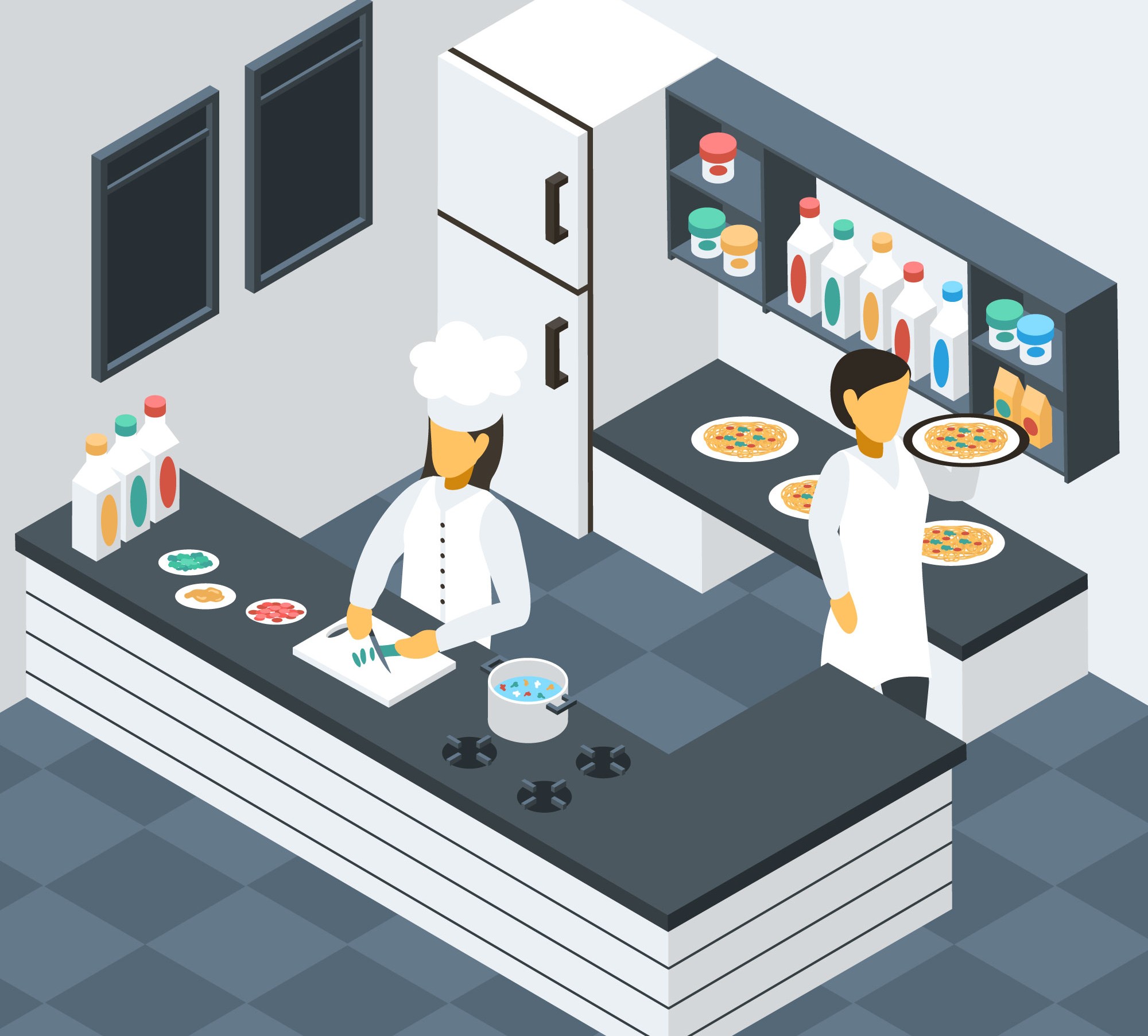 Commercial kitchen layout showing unidirectional flow, separate veg/non-veg zones, exhaust ventilation hoods, dedicated utensil storage, and waste handling areas compliant with FSSAI standards